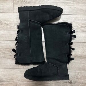 UGG Australia Bailey Bow Tall II Black Suede Boots Triple Bow 1007308 Womens 9